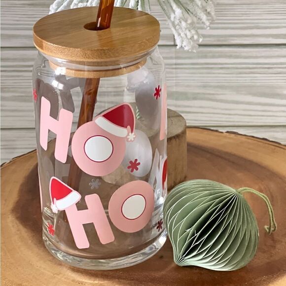 HO HO pink Christmas Beer can Glass NWT - Picture 3 of 3